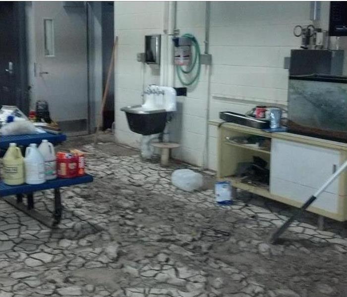 filthy floor, table with bottles, sink in background by the exit door